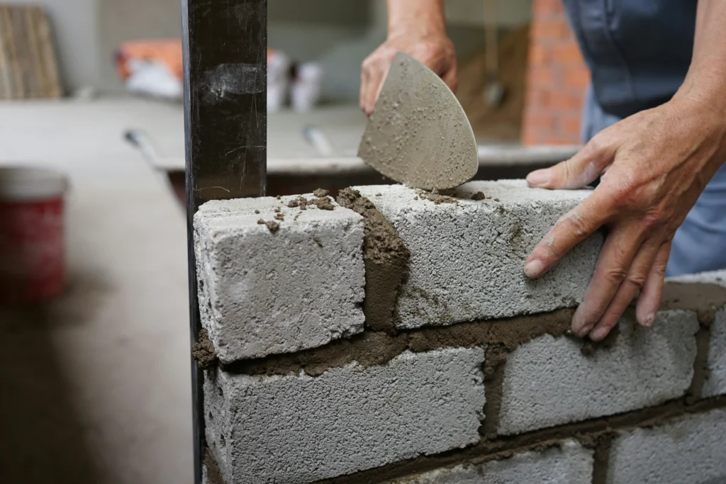 A mason in a hard hat holding a trowel, bedding bricks into mortar along a string line on a sunlit site in India.